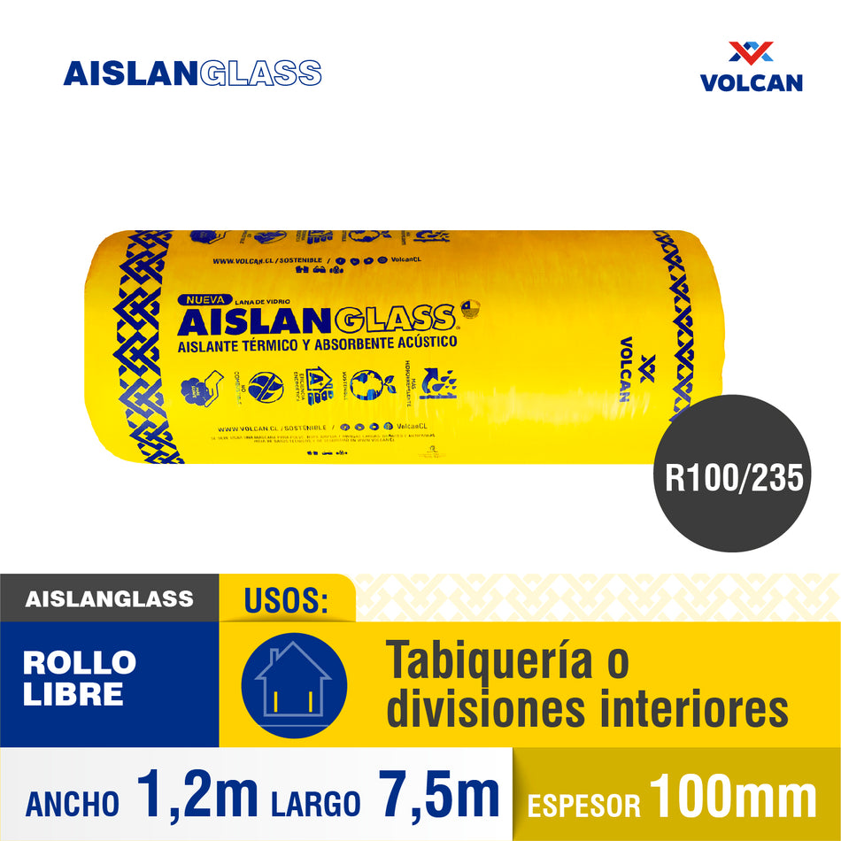 Lana de Vidrio Aislanglass Rollo Libre 100 mm R100/235 1,2 x 7,5 m
