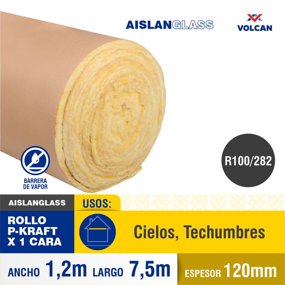 Lana de Vidrio Aislanglass Rollo Barrera Vapor 120 mm R100/282 1,2 x 7,5 m