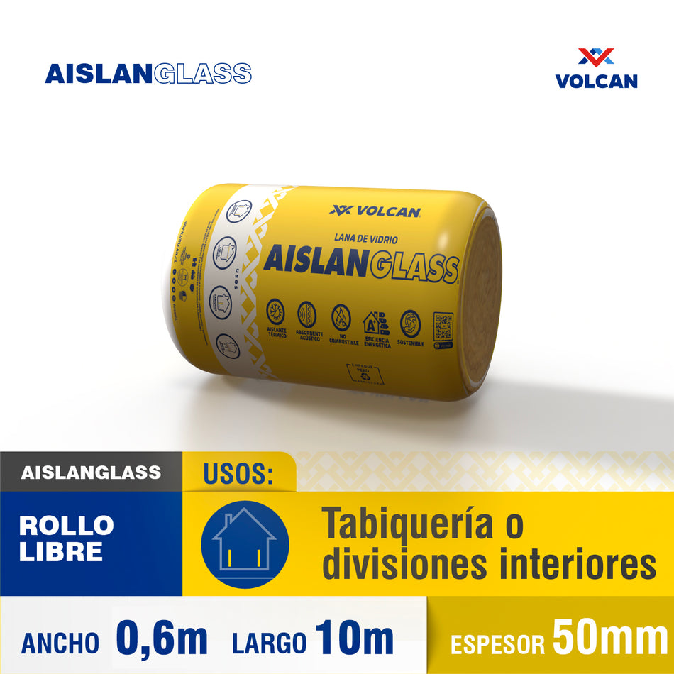 Lana de Vidrio Aislanglass Rollo Libre 50 mm R100/122 0,6 x 10 m