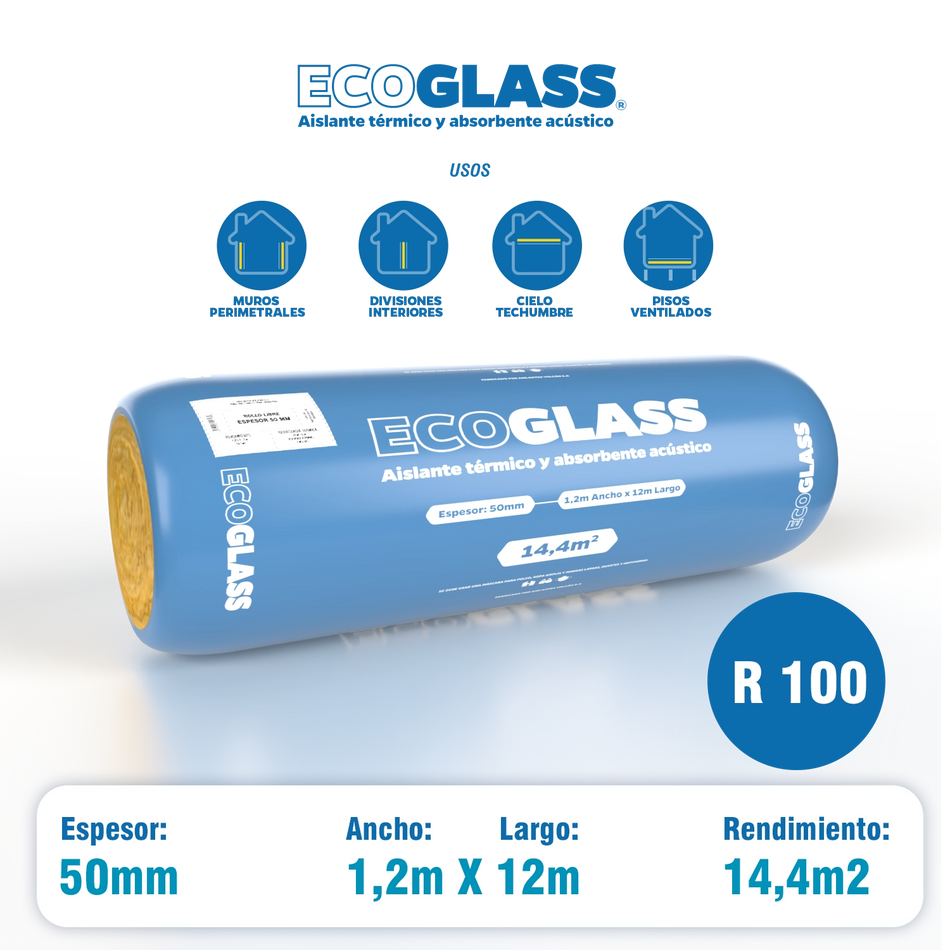 Lana de Vidrio Ecoglass Rollo Libre 50 mm R100/100 1,2 x 12 m